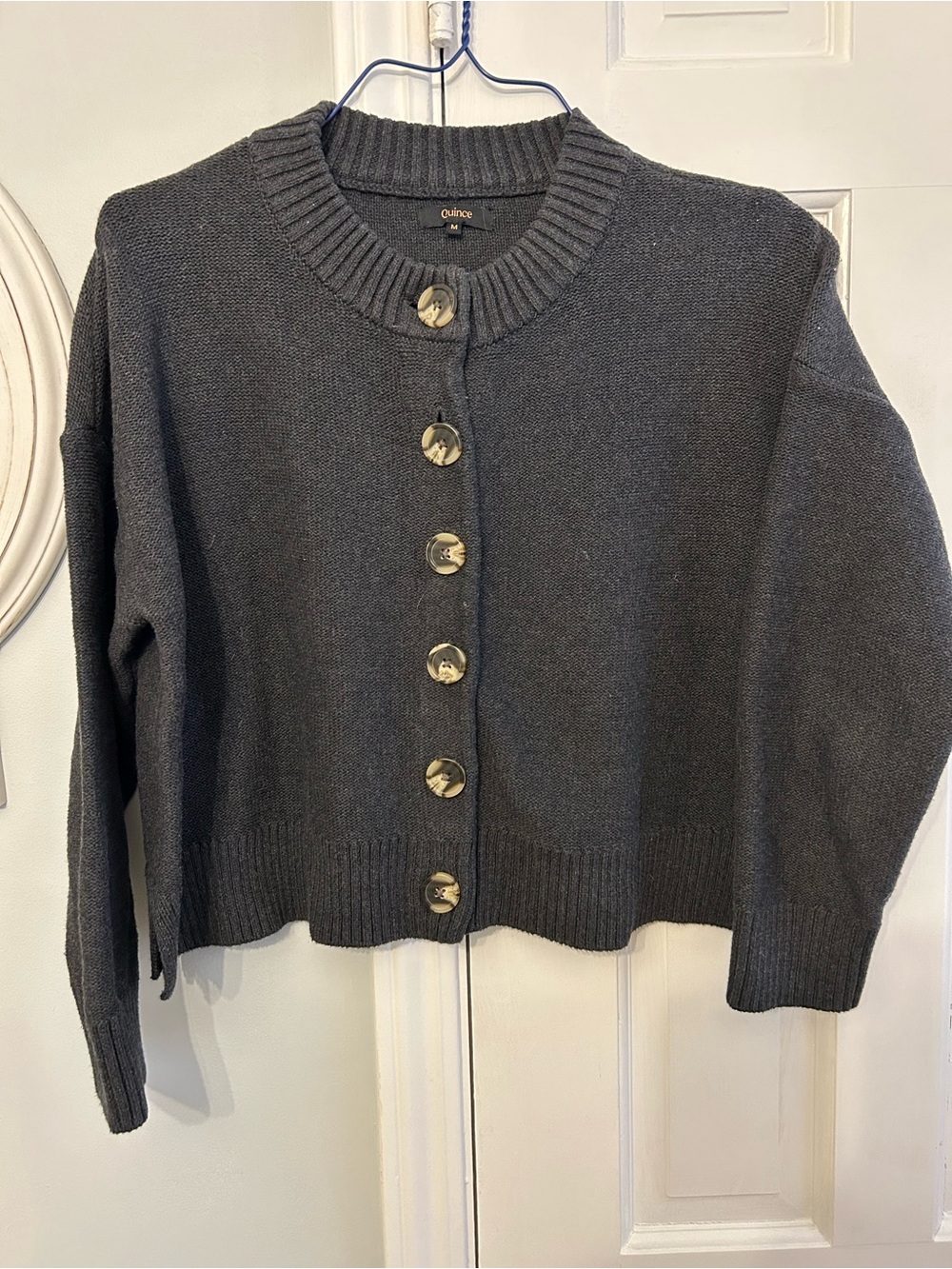 Quince Charcoal Button-Front Crewneck Cropped Sweater- 100% organic cotton
